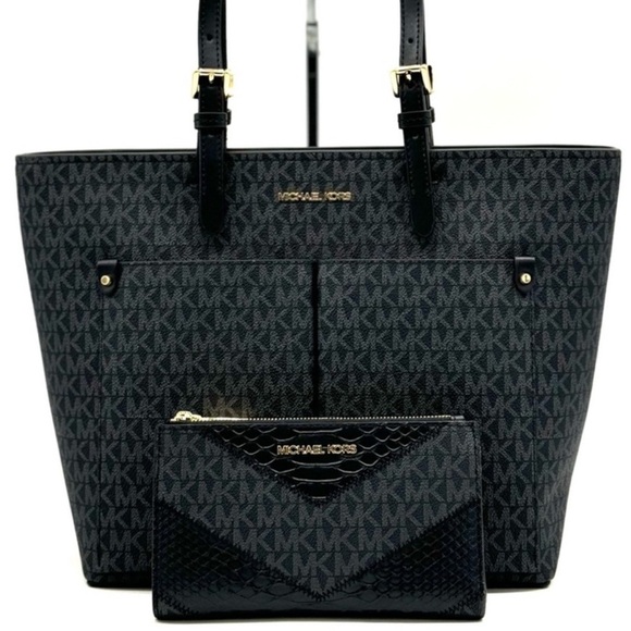 Michael Kors Jet Set Medium Pocket Tote Bag & Double Zip Wallet Black Multi - Picture 1 of 13